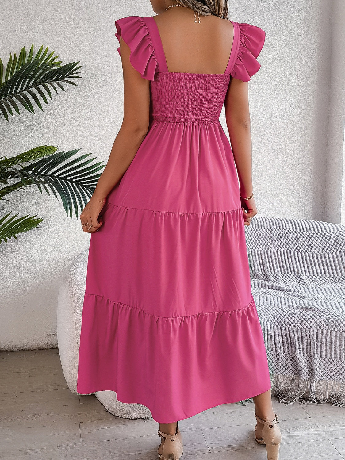 Smocked Square Neck Cap Sleeve Midi Dress - ships from supplier in approximately 10 business days