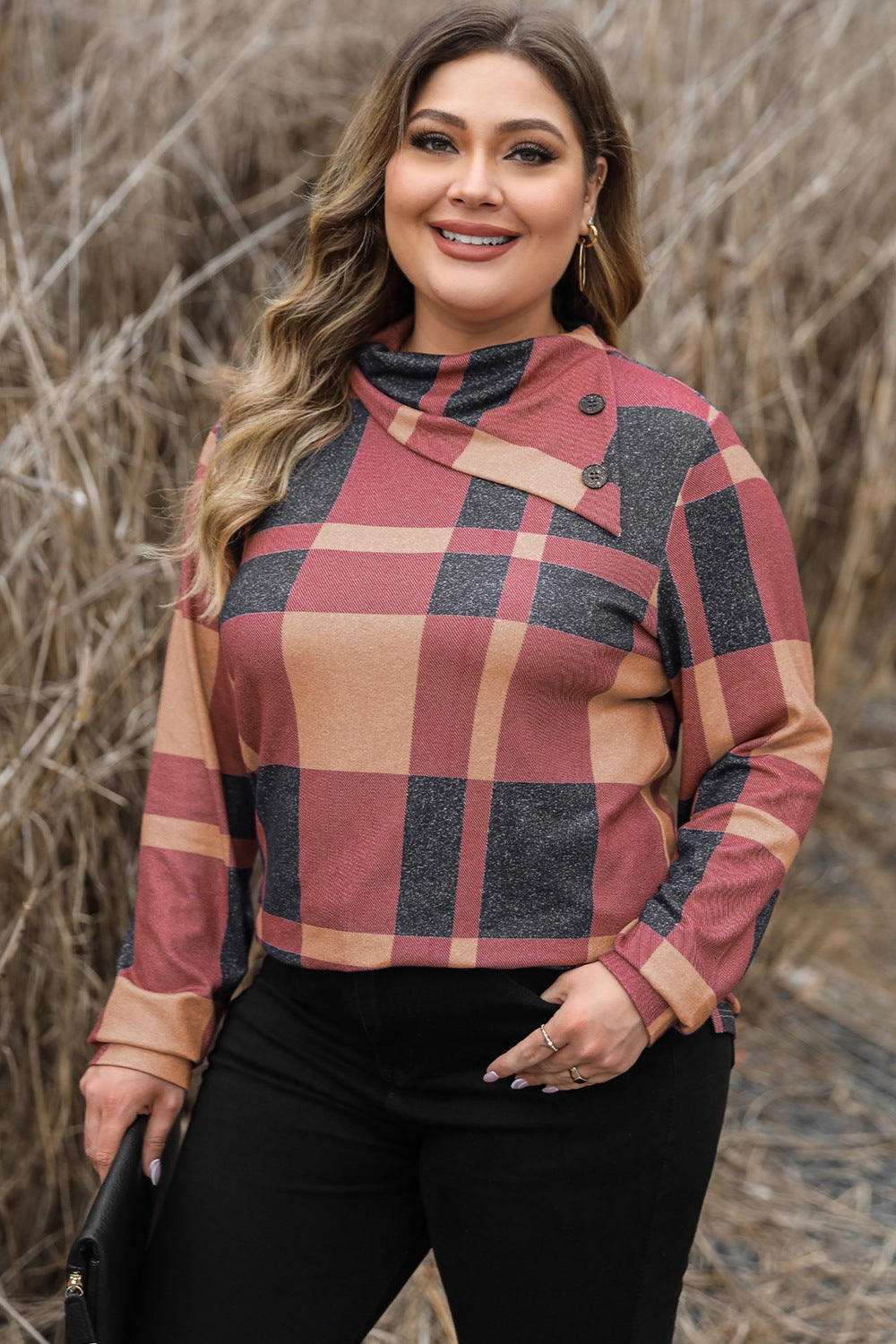 Plus Size Plaid Cowl Neck Long Sleeve Sweatshirt - ships from supplier in approximately 10 business days