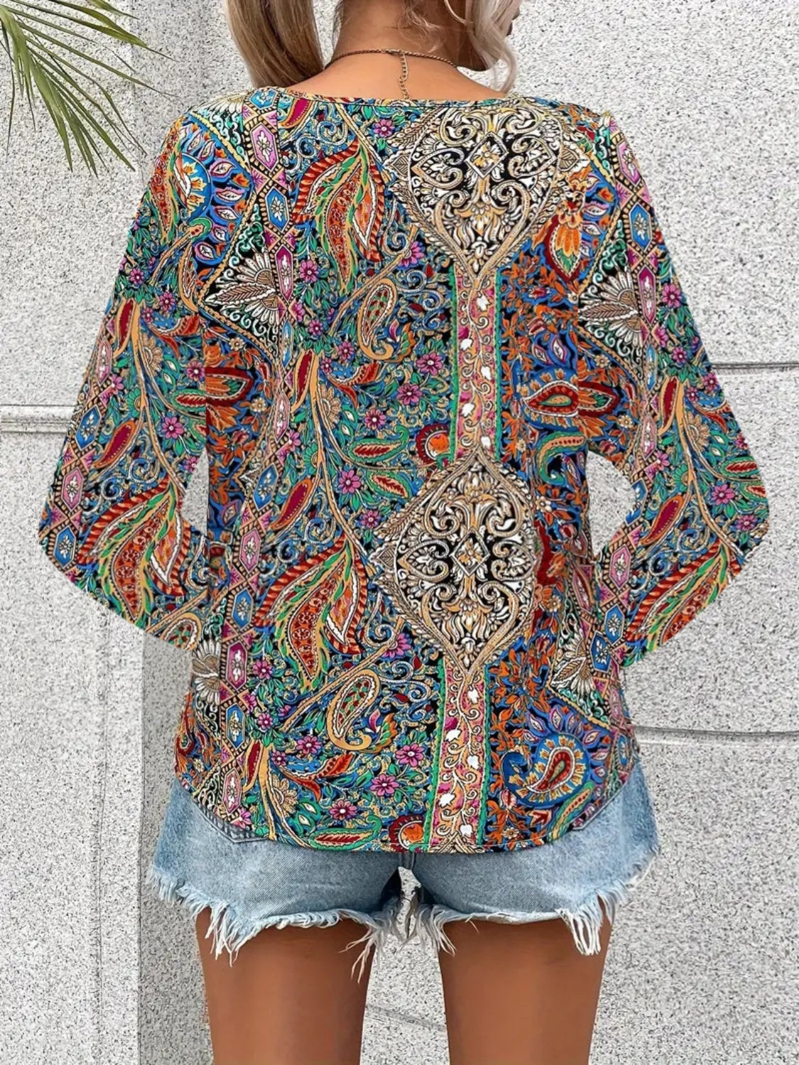 Printed V-Neck Long Sleeve Blouse - ships from supplier in approximately 10 business days