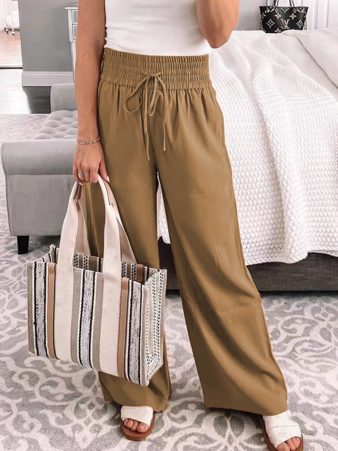 Full Size Drawstring High Waist Wide Leg Pants - ships from supplier in approximately 10 business days