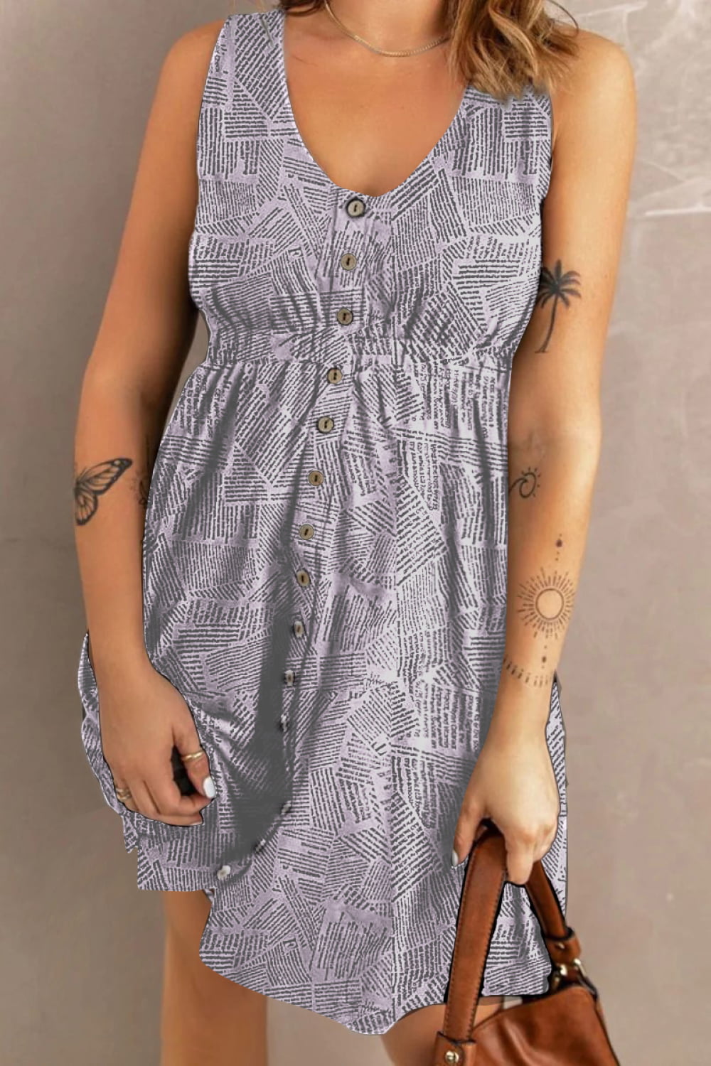 Double Take Printed Scoop Neck Sleeveless Buttoned Magic Dress with Pockets - ships from supplier in approximately 10 business days