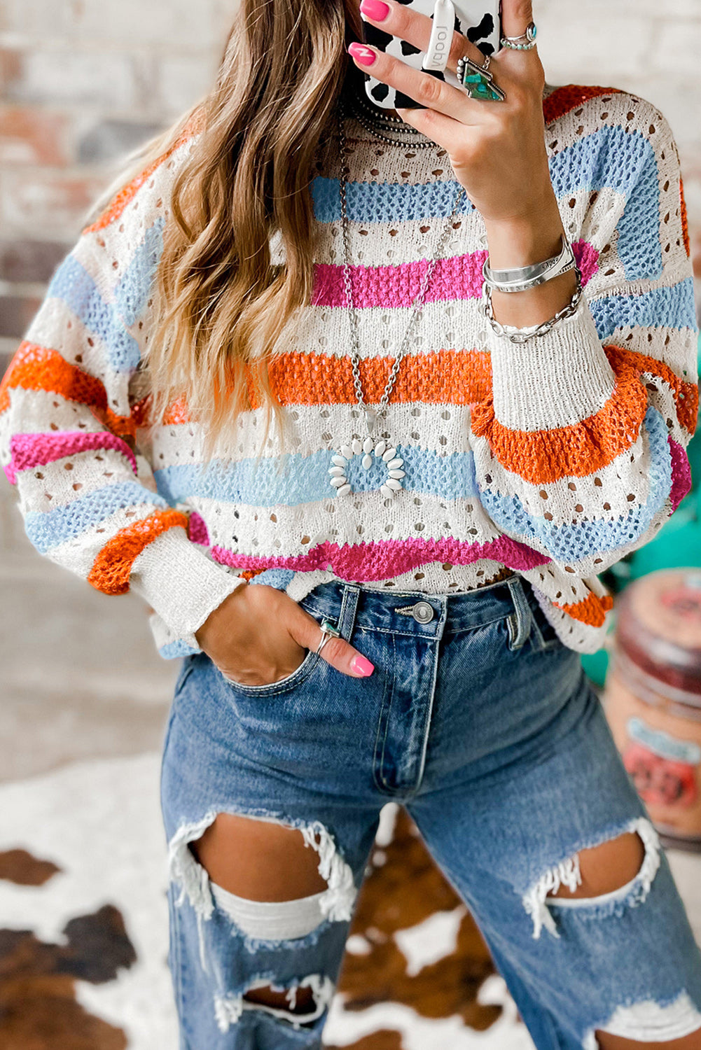 Openwork Striped Round Neck Long Sleeve Knit Top - ships from supplier in approximately 10 business days