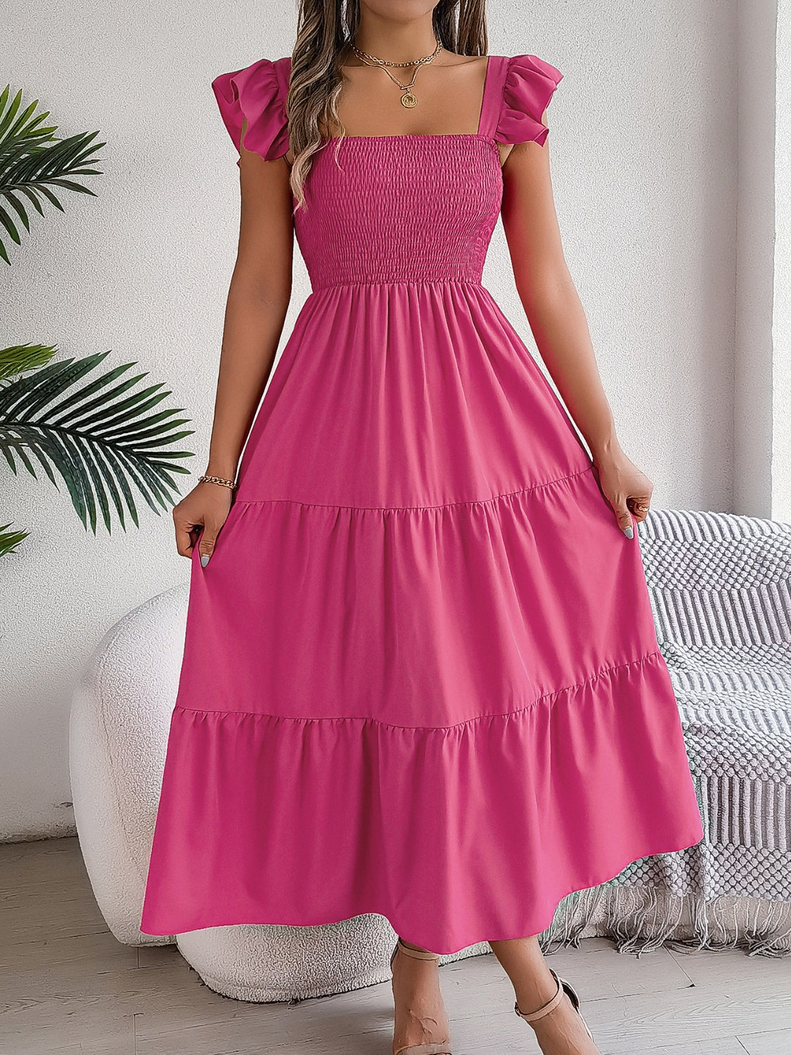 Smocked Square Neck Cap Sleeve Midi Dress - ships from supplier in approximately 10 business days