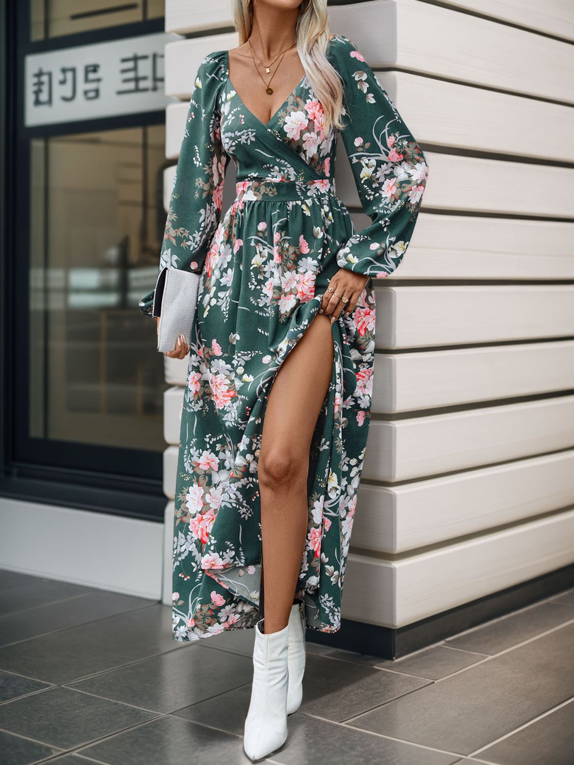 Slit Printed Surplice Long Sleeve Maxi Dress - ships from supplier in approximately 10 business days