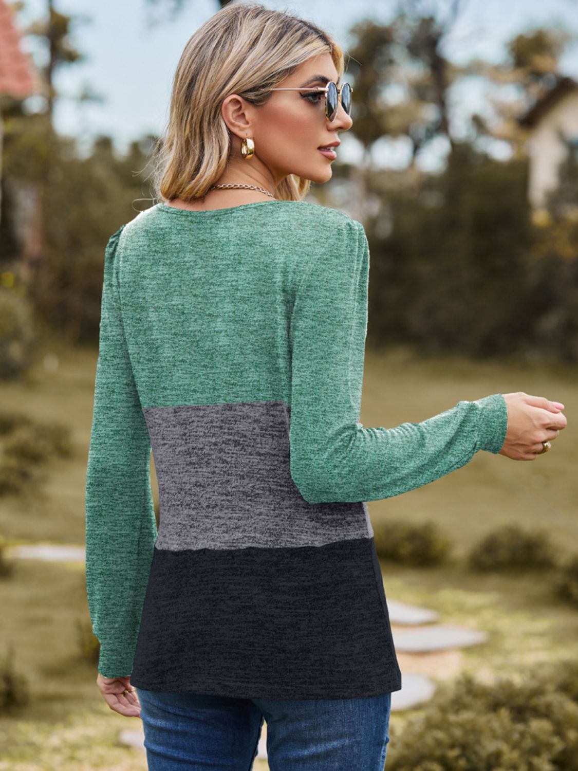 Color Block Square Neck Long Sleeve Top