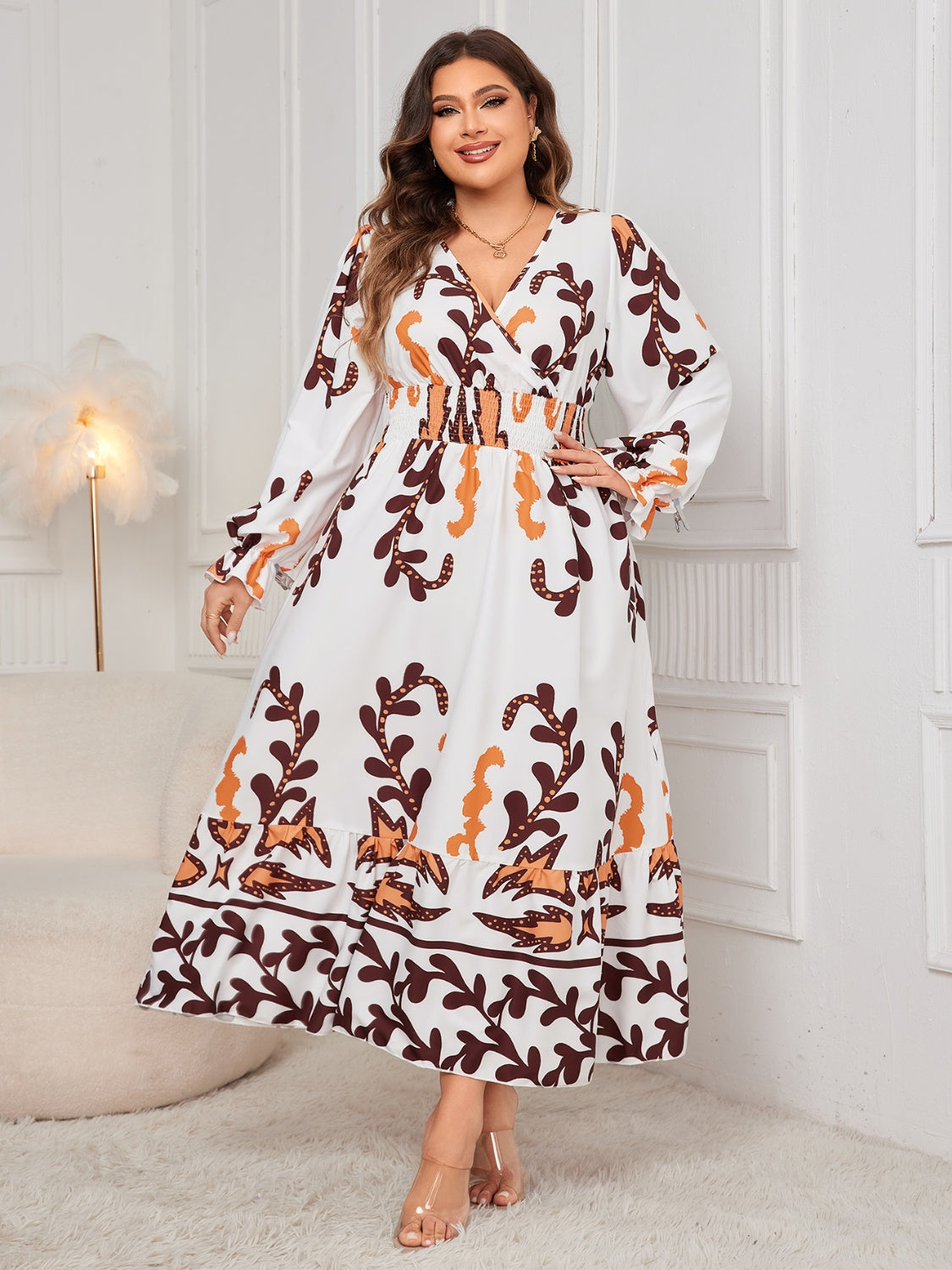 Plus Size Printed Surplice Flounce Sleeve Dress - ships from supplier in approximately 10 business days