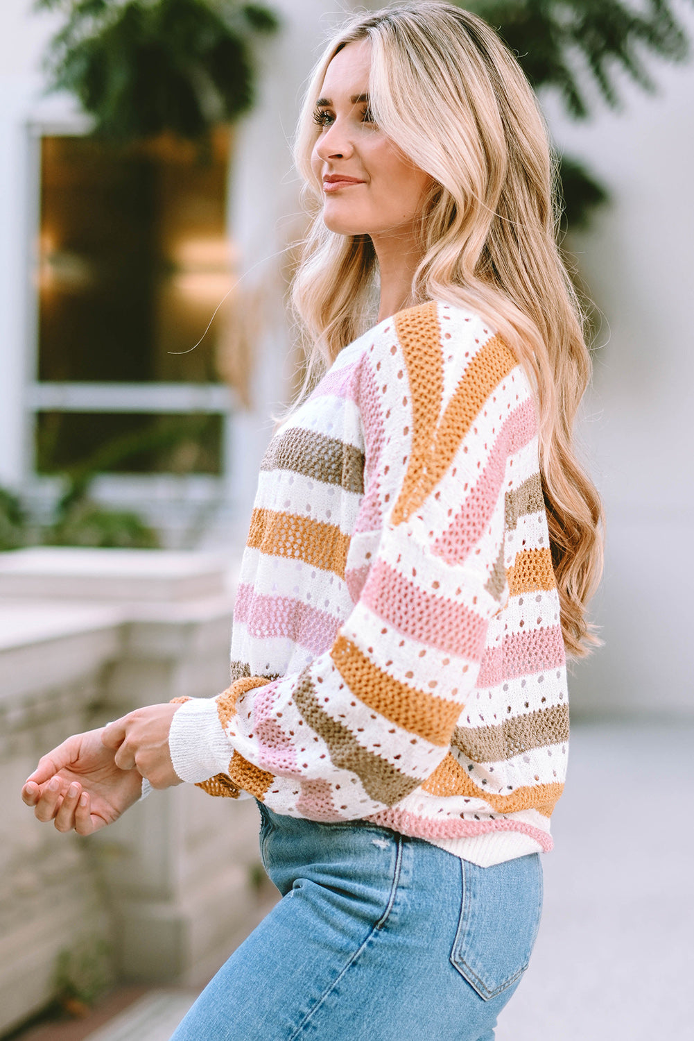 Openwork Striped Round Neck Long Sleeve Knit Top - ships from supplier in approximately 10 business days