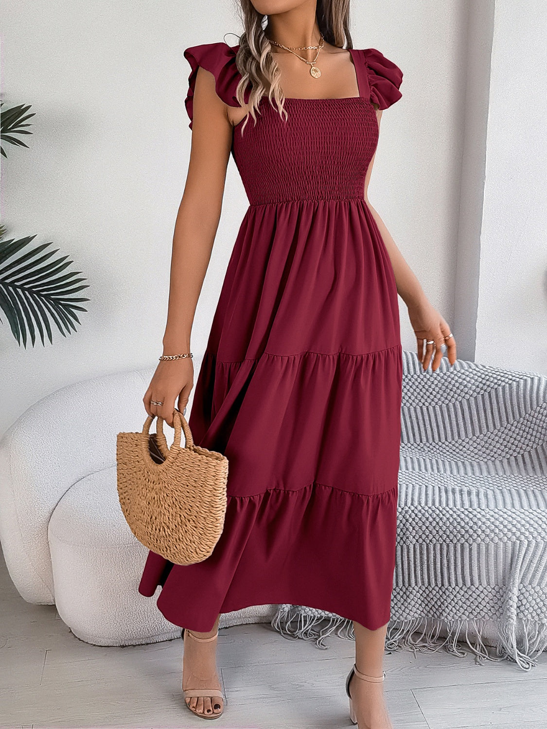 Smocked Square Neck Cap Sleeve Midi Dress - ships from supplier in approximately 10 business days