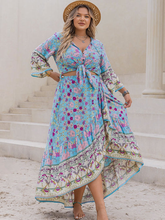 Plus Size Printed Tie Neck Top and Skirt Set - ships from supplier in approximately 10 business days