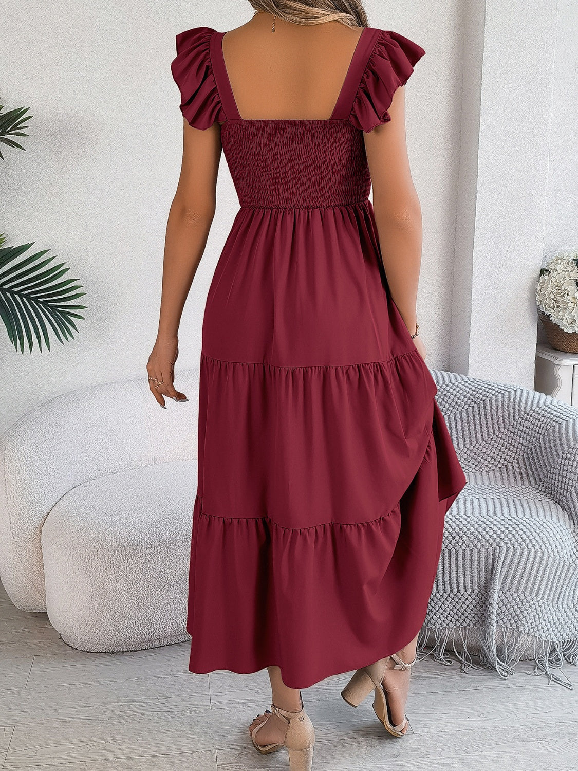 Smocked Square Neck Cap Sleeve Midi Dress - ships from supplier in approximately 10 business days