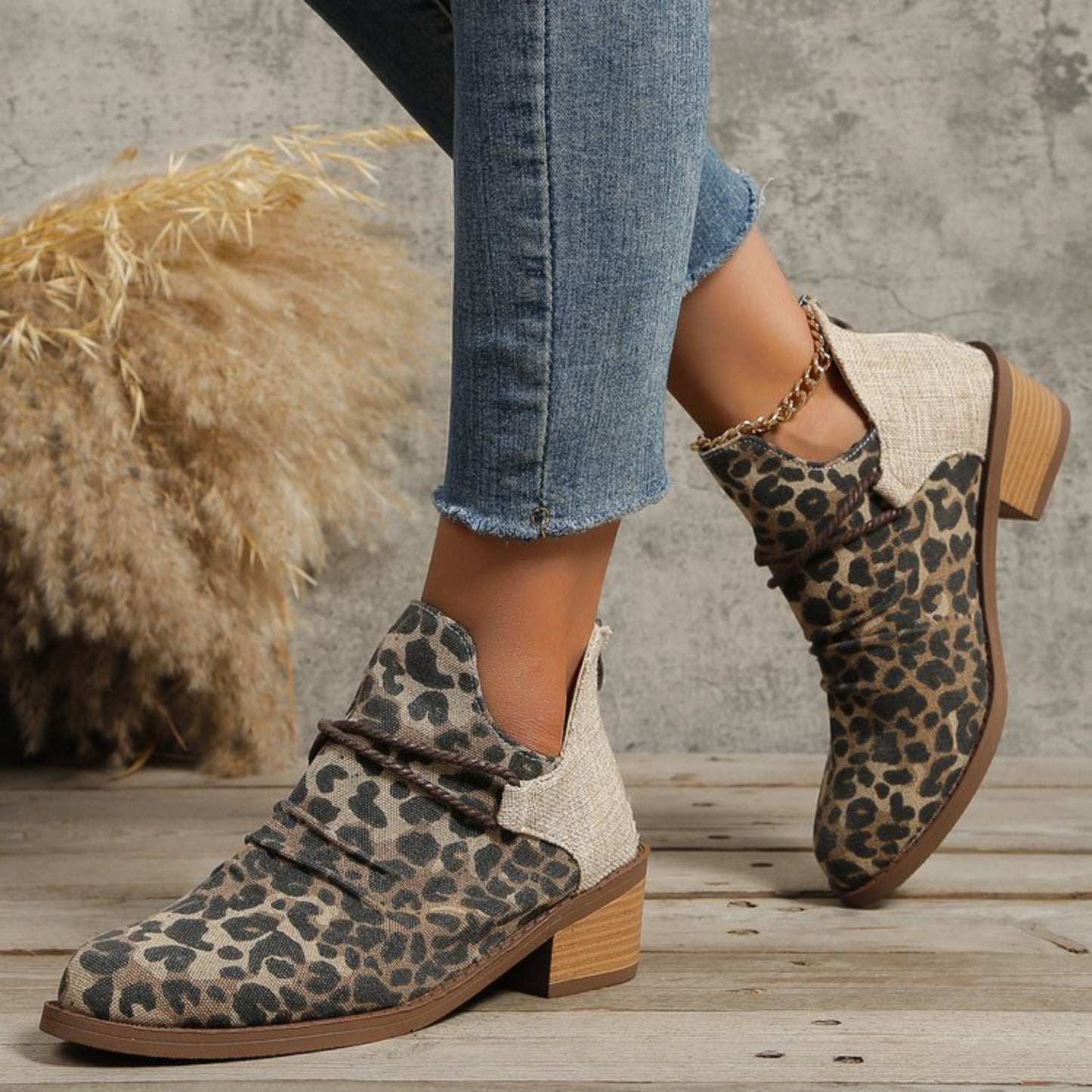 Contrast Canvas Low Heel Boots - ships from supplier in approximately 10 business days