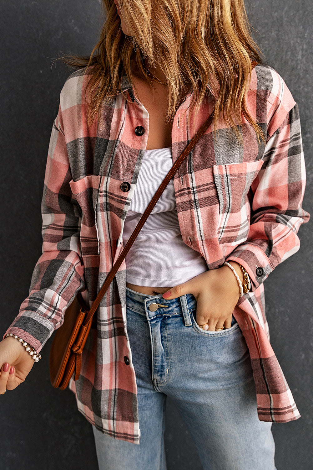 Double Take Plaid Dropped Shoulder Longline Shirt - ships from supplier in approximately 10 business days