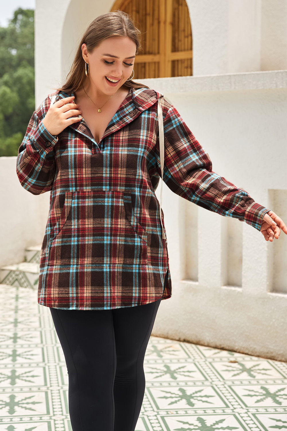 Plus Size Drawstring Plaid Quarter Button Hoodie - ships from supplier in approximately 10 business days