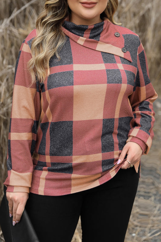 Plus Size Plaid Cowl Neck Long Sleeve Sweatshirt - ships from supplier in approximately 10 business days