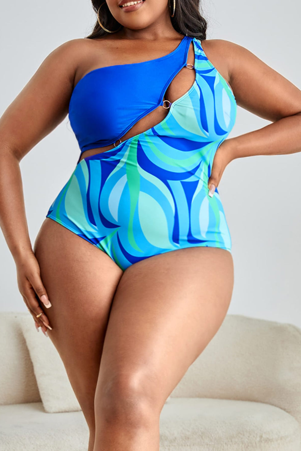 Plus Size Printed Ring Detail One-Shoulder One-Piece Swimsuit - ships from supplier in approximately 10 business days