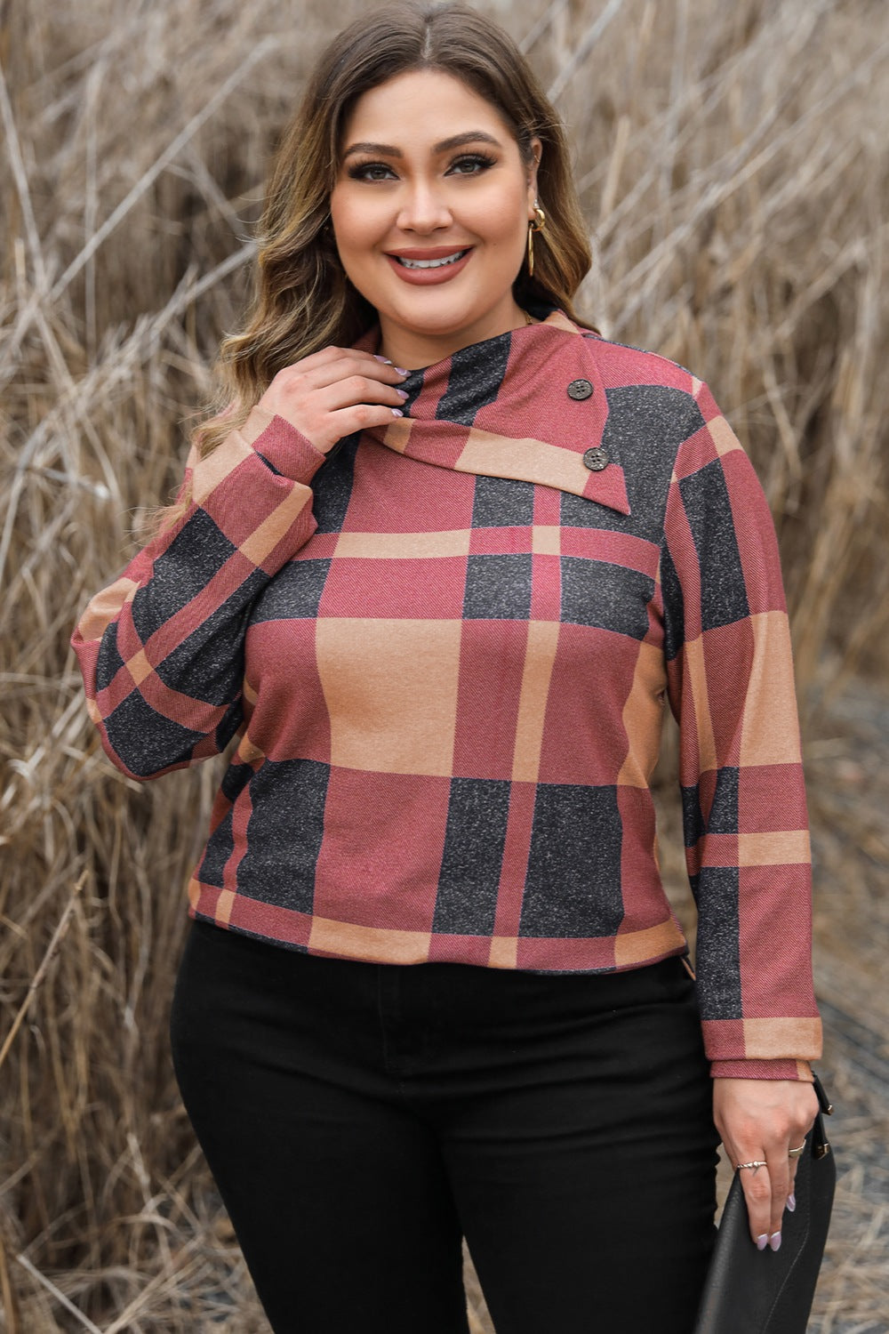 Plus Size Plaid Cowl Neck Long Sleeve Sweatshirt - ships from supplier in approximately 10 business days