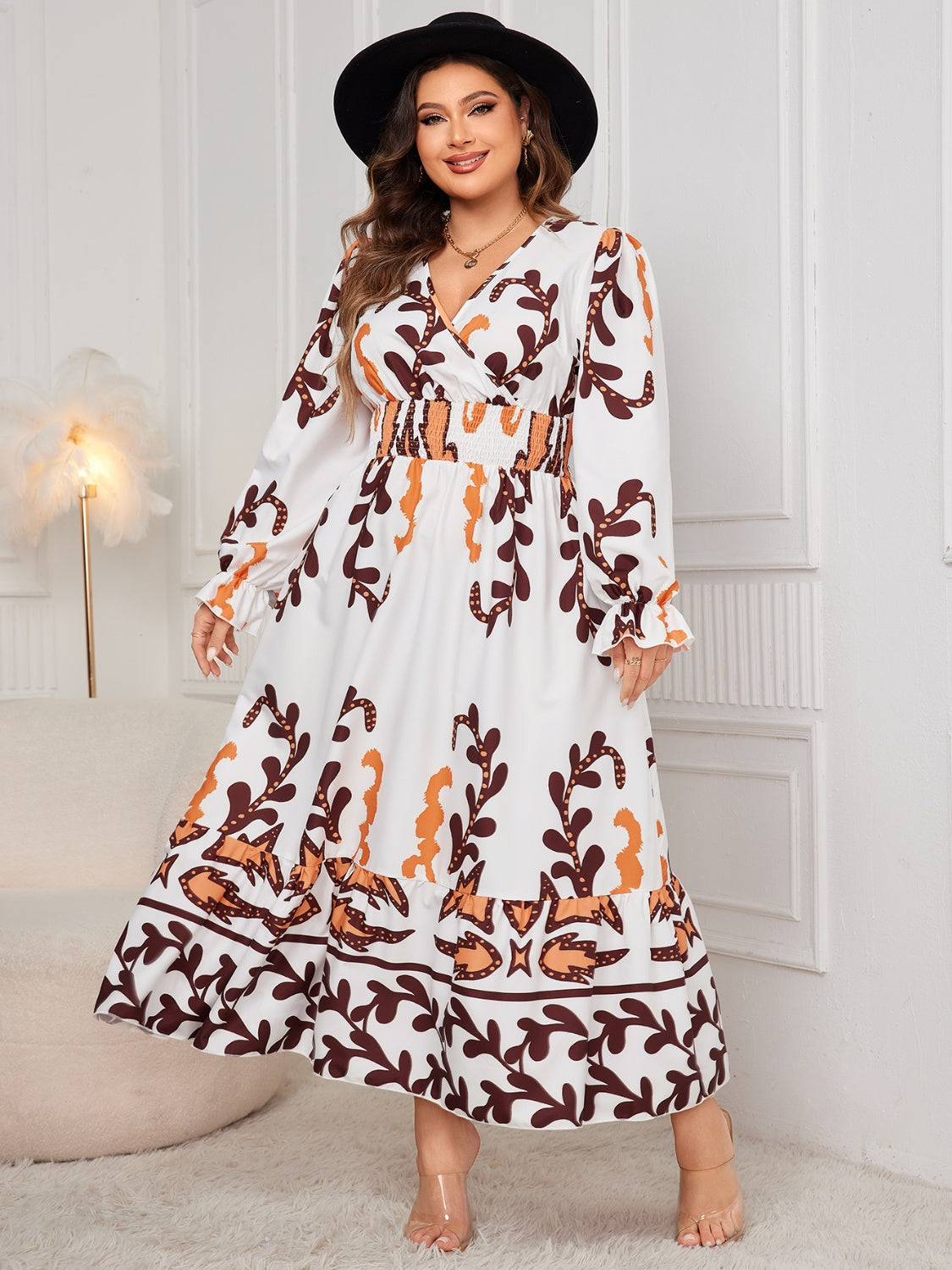 Plus Size Printed Surplice Flounce Sleeve Dress - ships from supplier in approximately 10 business days