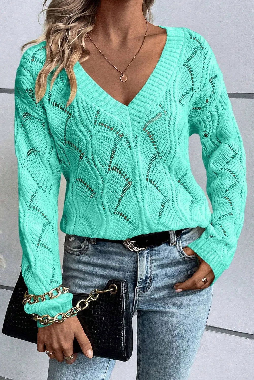 Openwork V-Neck Long Sleeve Sweater - ships from supplier in approximately 10 business days