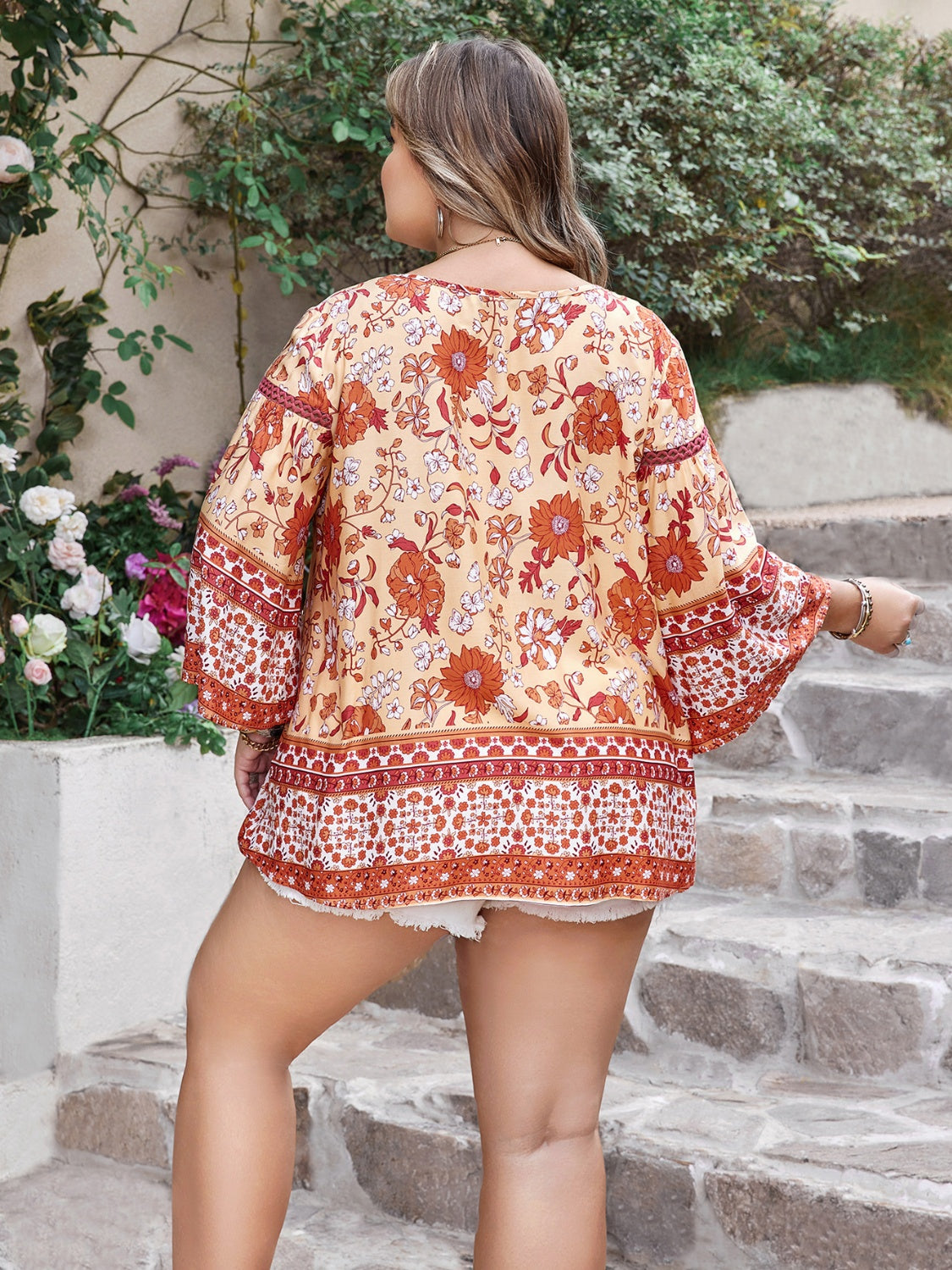 Plus Size Printed V-Neck Three-Quarter Sleeve Blouse - ships from supplier in approximately 10 business days