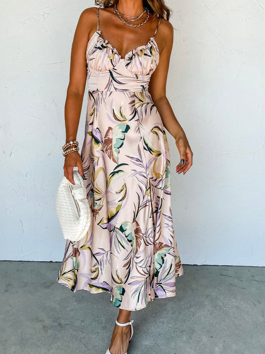 Slit Frill Printed Midi Cami Dress - ships from supplier in approximately 10 business days