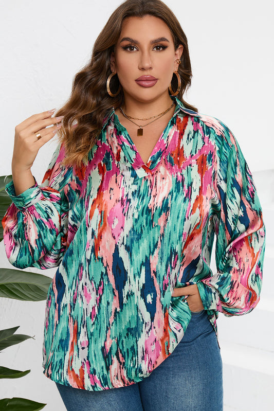 Plus Size Printed Johnny Collar Long Sleeve Blouse - ships from supplier in approximately 10 business days