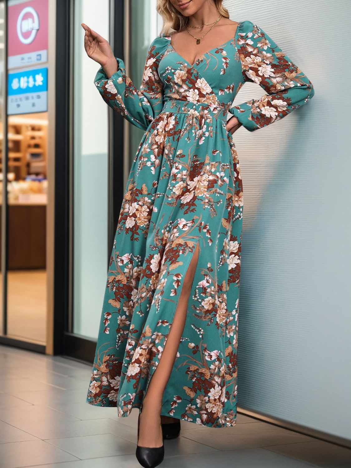 Slit Printed Surplice Long Sleeve Maxi Dress - ships from supplier in approximately 10 business days