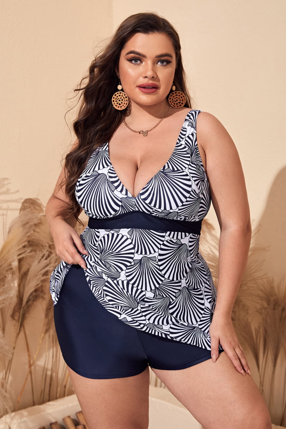 Plus Size Printed Sleeveless Top and Shorts Swim Set - ships from supplier in approximately 10 business days