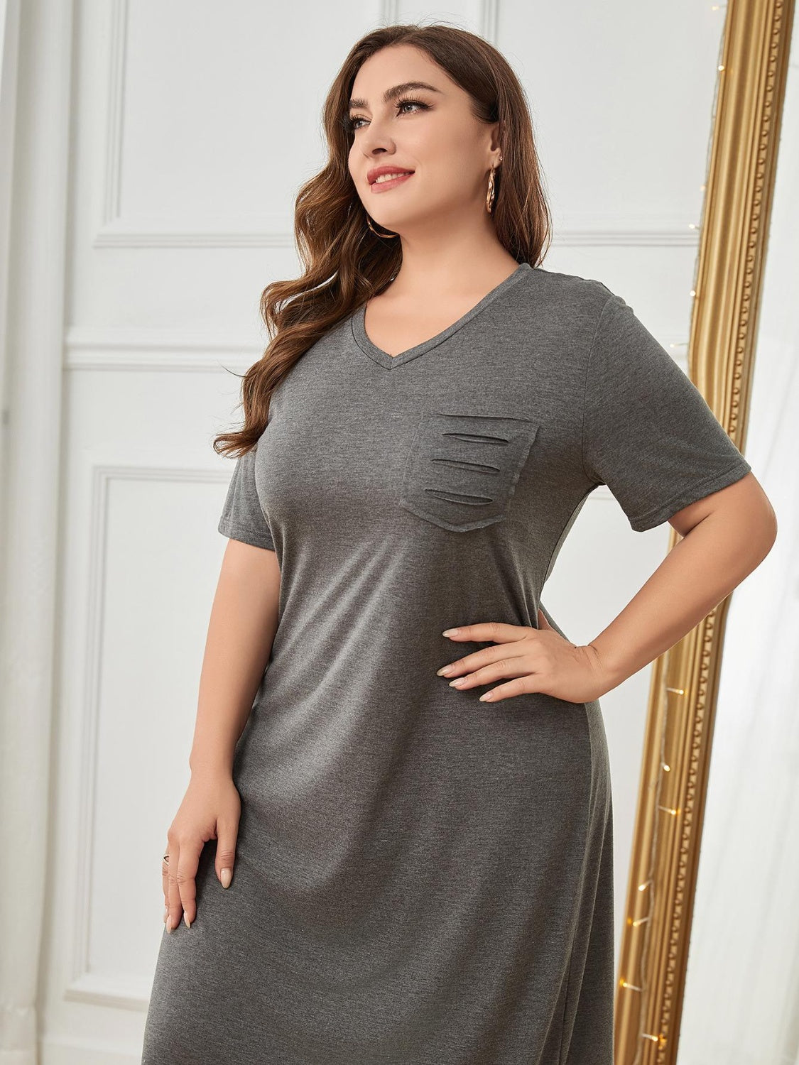 Plus Size Pocketed V-Neck Short Sleeve Lounge Dress - ships from supplier in approximately 10 business days