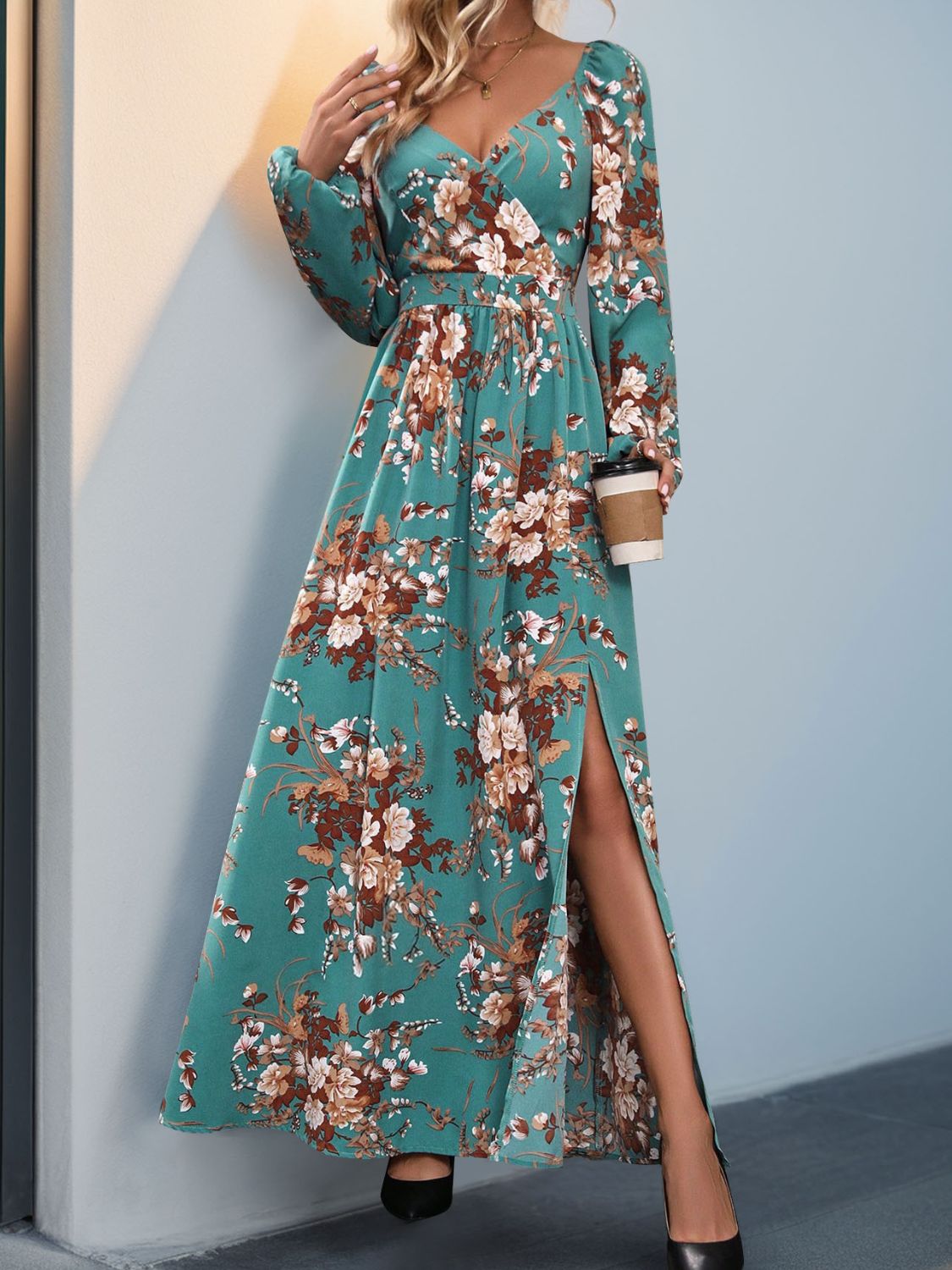 Slit Printed Surplice Long Sleeve Maxi Dress - ships from supplier in approximately 10 business days