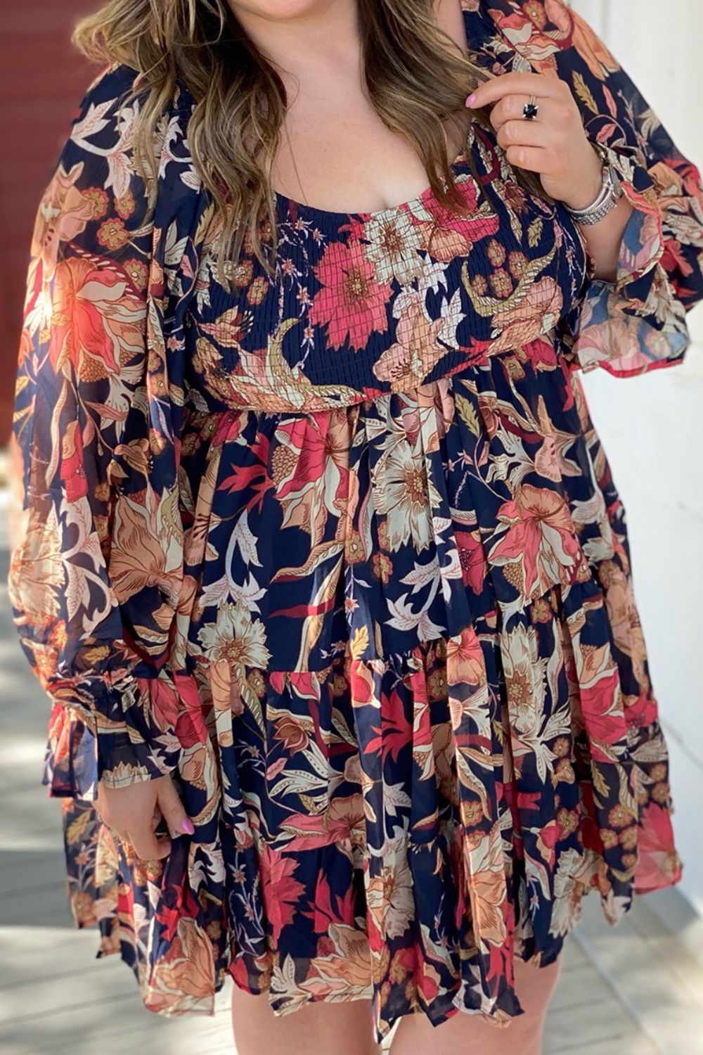 Plus Size Smocked Printed Long Sleeve Dress - ships from supplier in approximately 10 business days