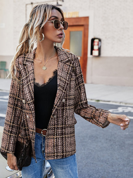 Full Size Plaid Lapel Collar Blazer - ships from supplier in approximately 10 business days