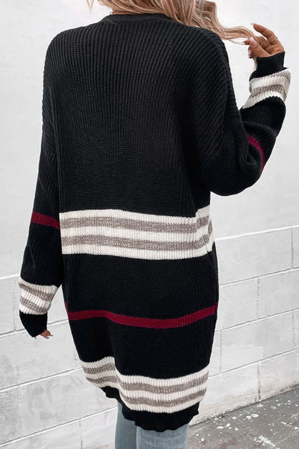 Striped Rib-Knit Drop Shoulder Open Front Cardigan - ships from supplier in approximately 10 business days