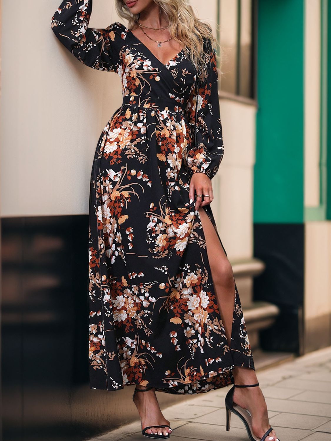 Slit Printed Surplice Long Sleeve Maxi Dress - ships from supplier in approximately 10 business days