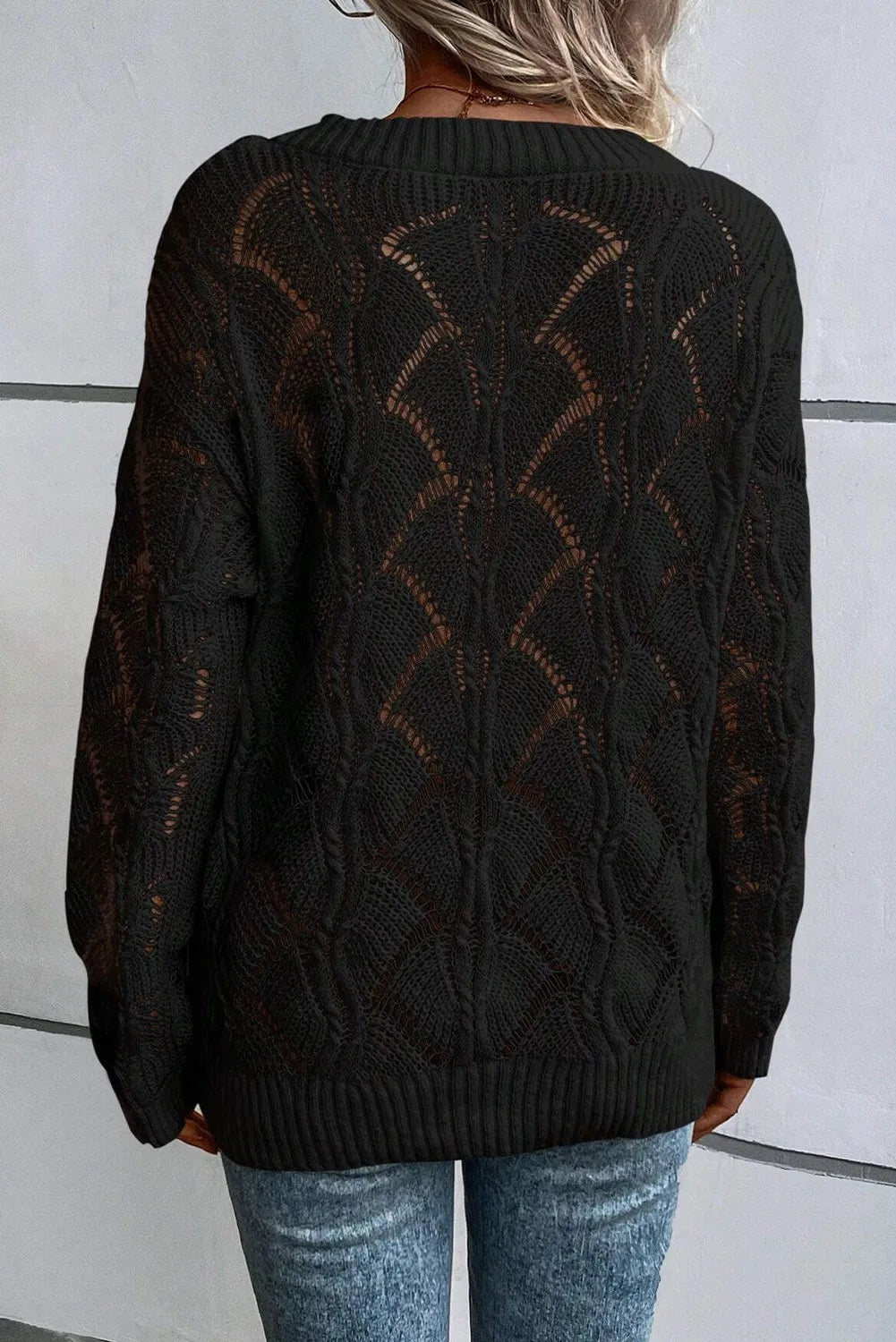 Openwork V-Neck Long Sleeve Sweater - ships from supplier in approximately 10 business days