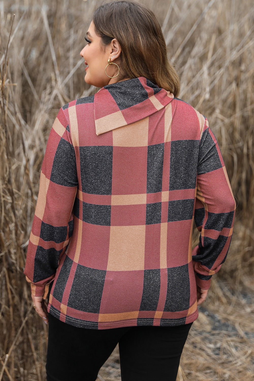 Plus Size Plaid Cowl Neck Long Sleeve Sweatshirt - ships from supplier in approximately 10 business days