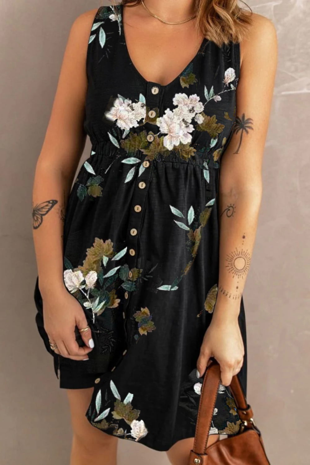 Double Take Printed Scoop Neck Sleeveless Buttoned Magic Dress with Pockets - ships from supplier in approximately 10 business days