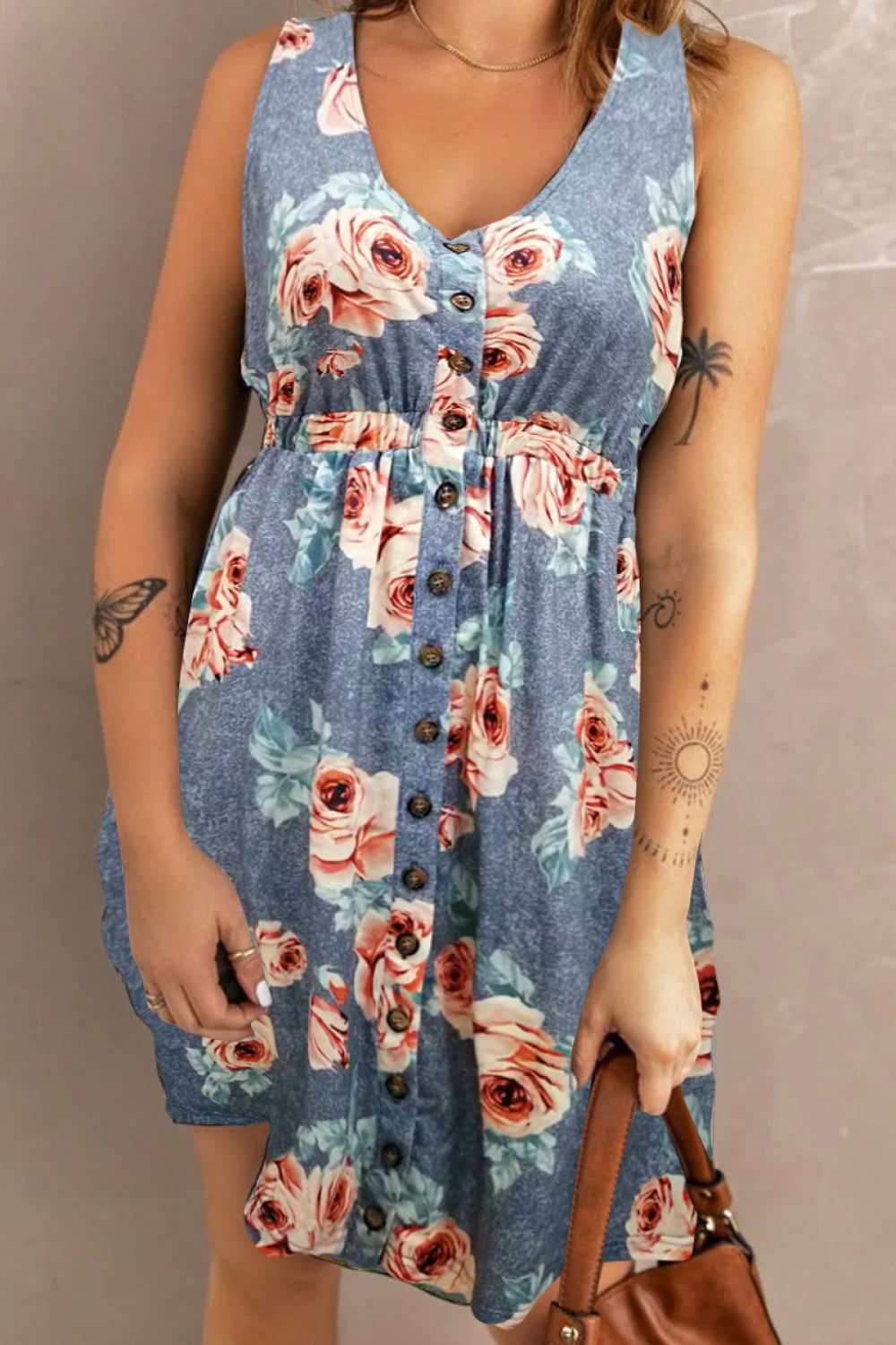 Double Take Printed Scoop Neck Sleeveless Buttoned Magic Dress with Pockets - ships from supplier in approximately 10 business days