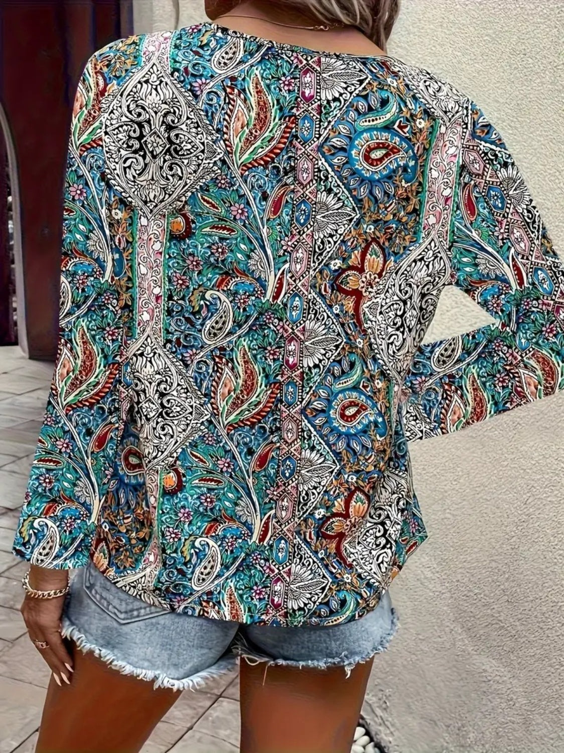 Printed V-Neck Long Sleeve Blouse - ships from supplier in approximately 10 business days