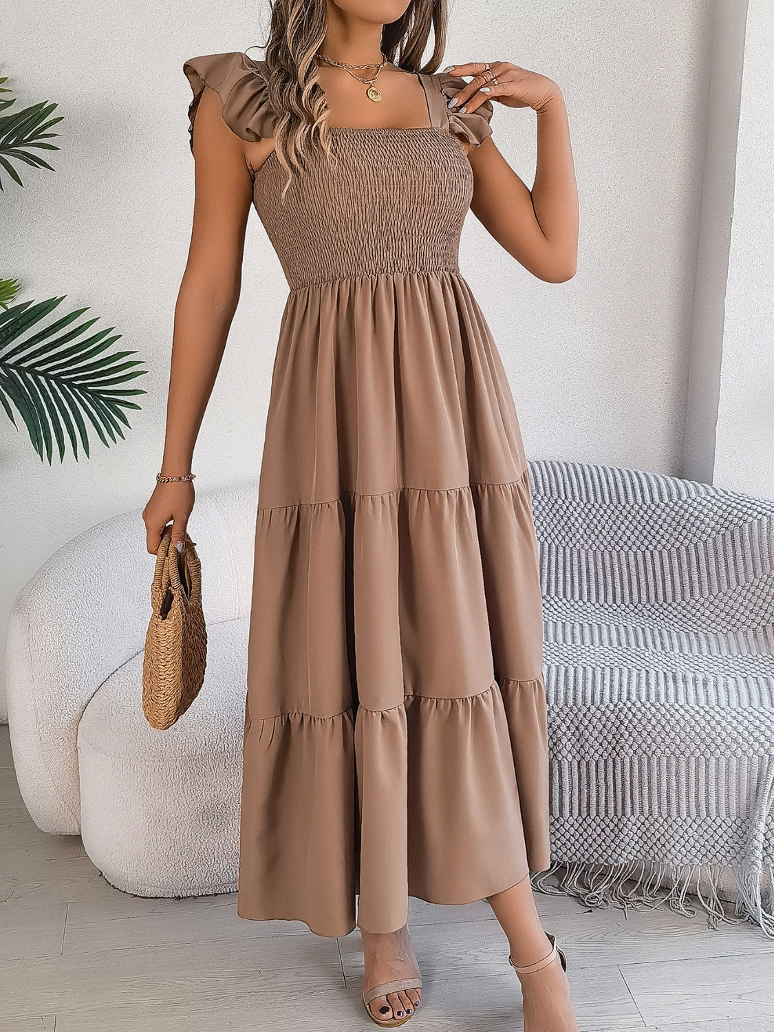 Smocked Square Neck Cap Sleeve Midi Dress - ships from supplier in approximately 10 business days