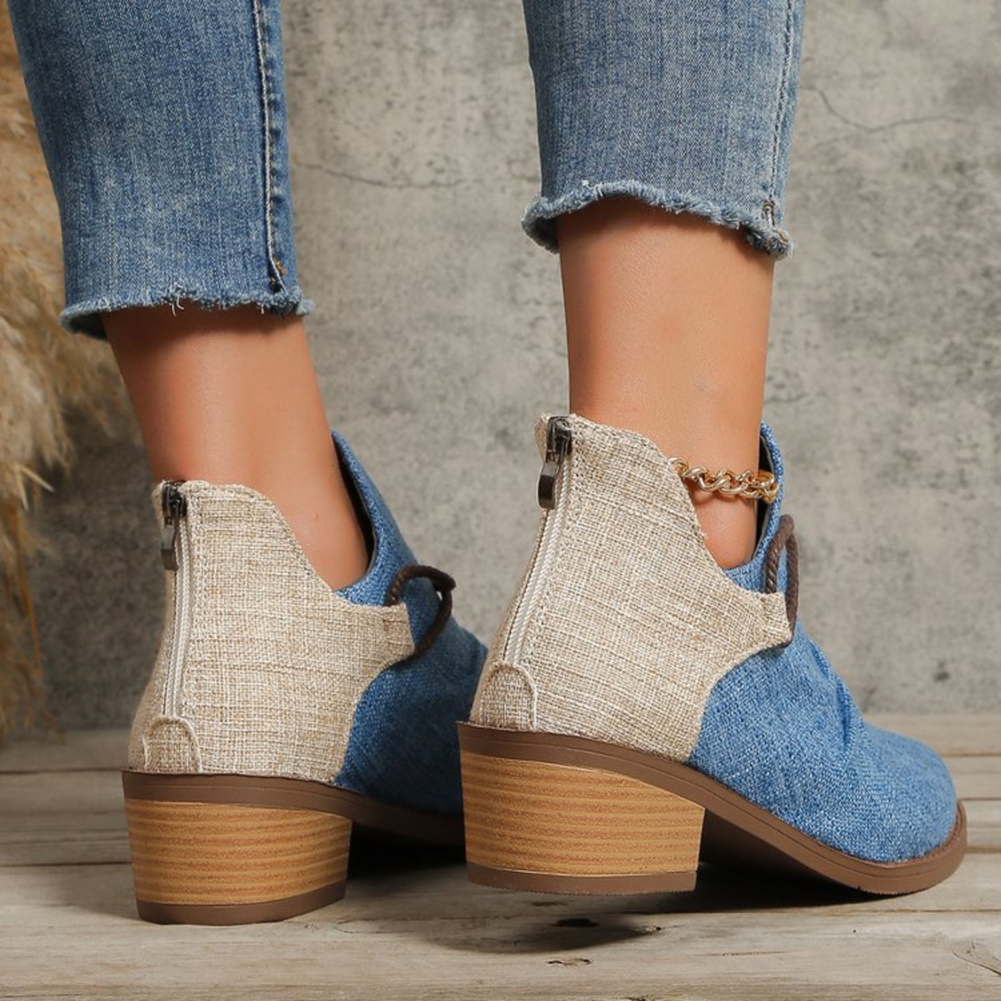 Contrast Canvas Low Heel Boots - ships from supplier in approximately 10 business days