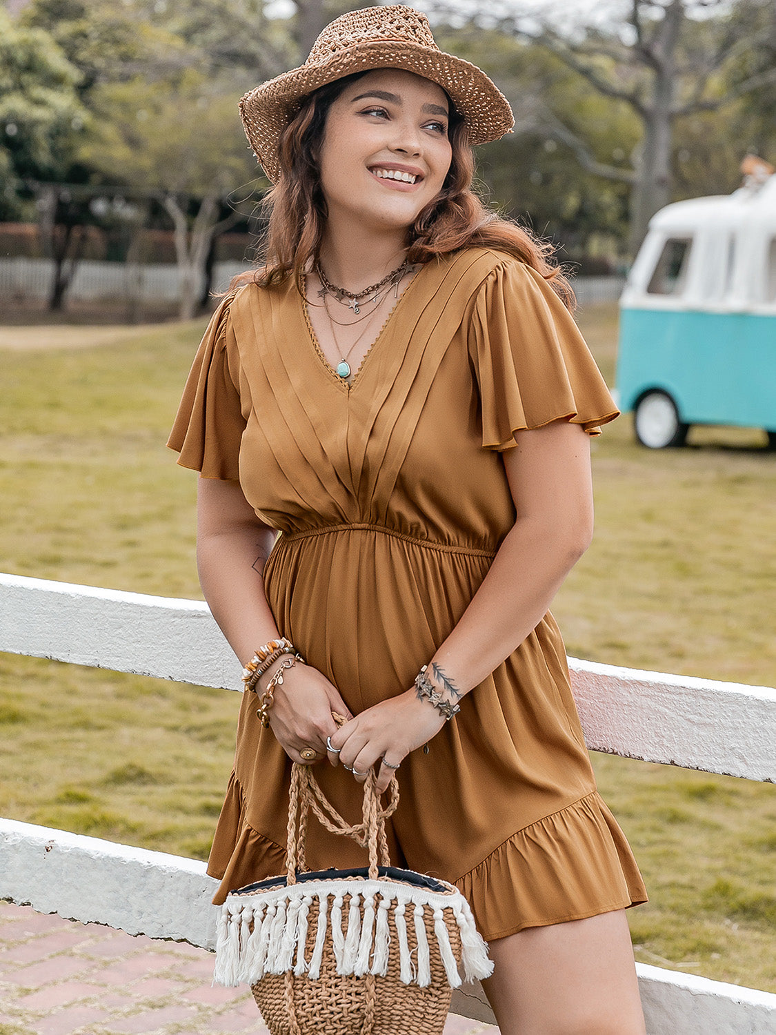 Plus Size Ruffled V-Neck Short Sleeve Romper - ships from supplier in approximately 10 business days