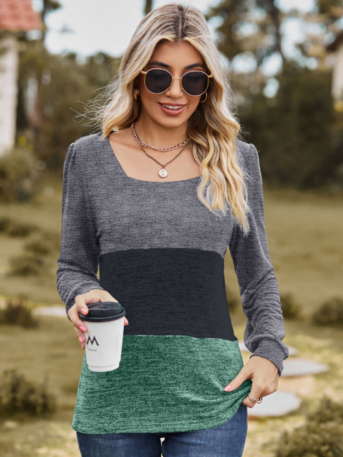 Color Block Square Neck Long Sleeve Top