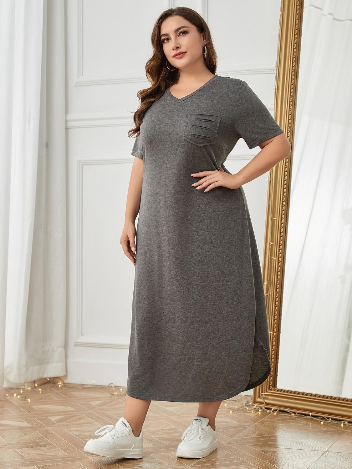 Plus Size Pocketed V-Neck Short Sleeve Lounge Dress - ships from supplier in approximately 10 business days