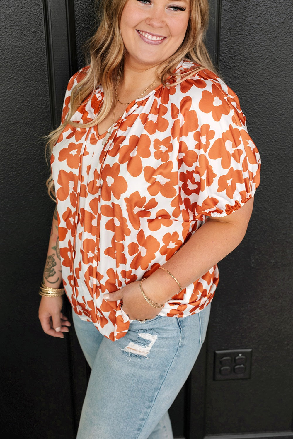 Plus Size Printed Tie Neck Short Sleeve Blouse - ships from supplier in approximately 10 business days