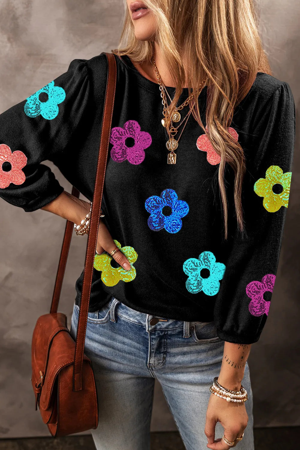 Sequin Flower Round Neck Blouse - ships from supplier in approximately 10 business days