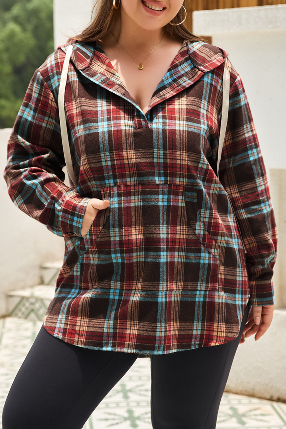 Plus Size Drawstring Plaid Quarter Button Hoodie - ships from supplier in approximately 10 business days