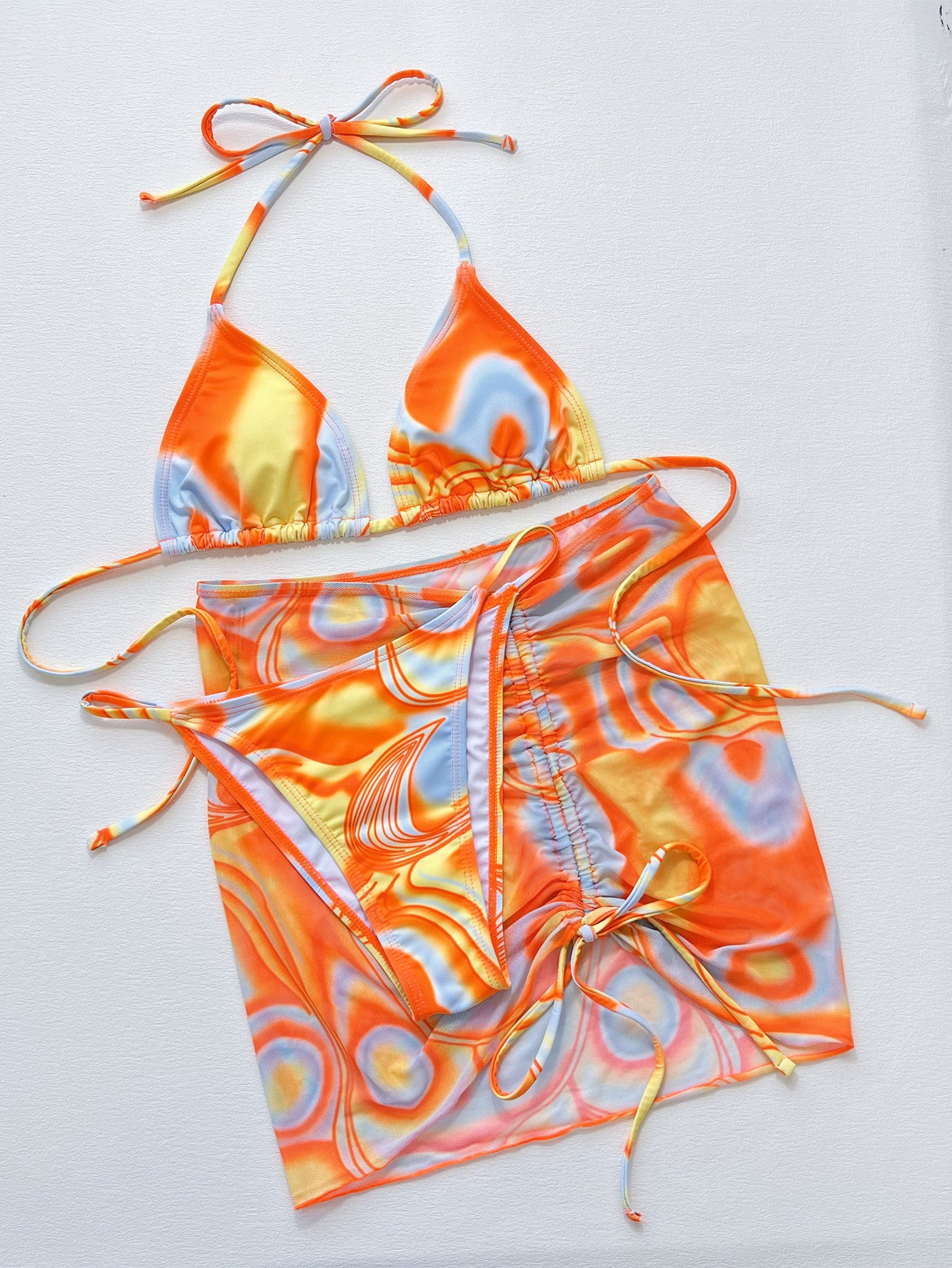 Multicolored Drawstring Ruched Three-Piece Swim Set - ships from supplier in approximately 10 business days