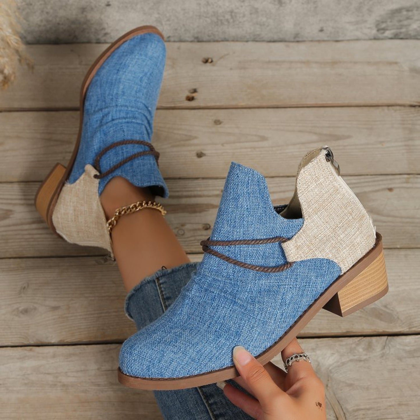 Contrast Canvas Low Heel Boots - ships from supplier in approximately 10 business days