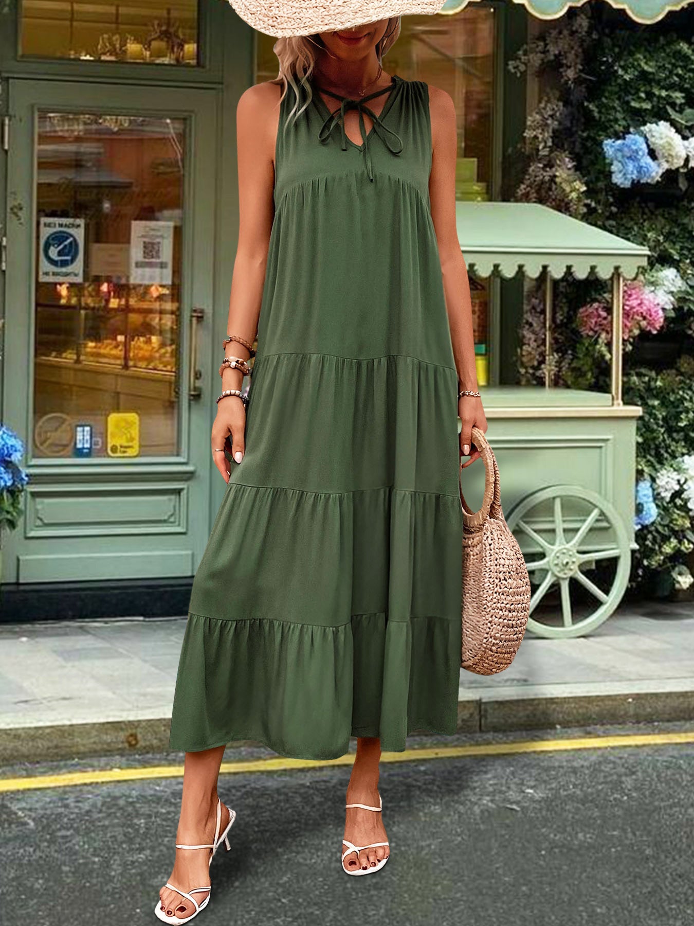 Tiered Tie Neck  Midi Dress  - ships from supplier in approximately 10 business days