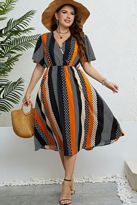 Mixed Print Striped Flutter Sleeve Dress - ships from supplier in approximately 10 business days